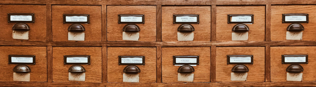 Card drawers representing a database